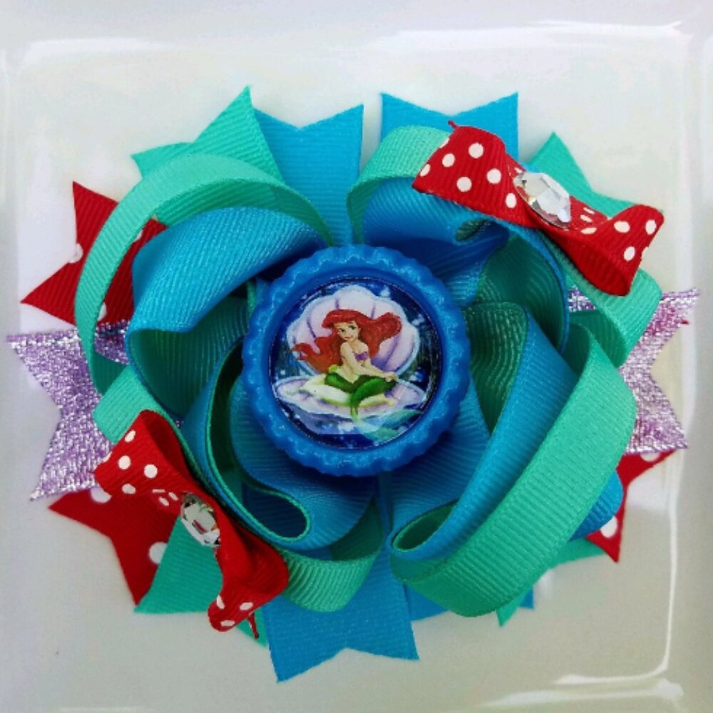 The Little Mermaid Ariel Disney Princess Blue Teal Red Bottle Cap Hair Bow 5"